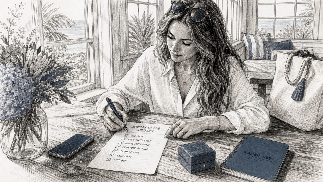 Woman reviewing jewelry gifting checklist at home