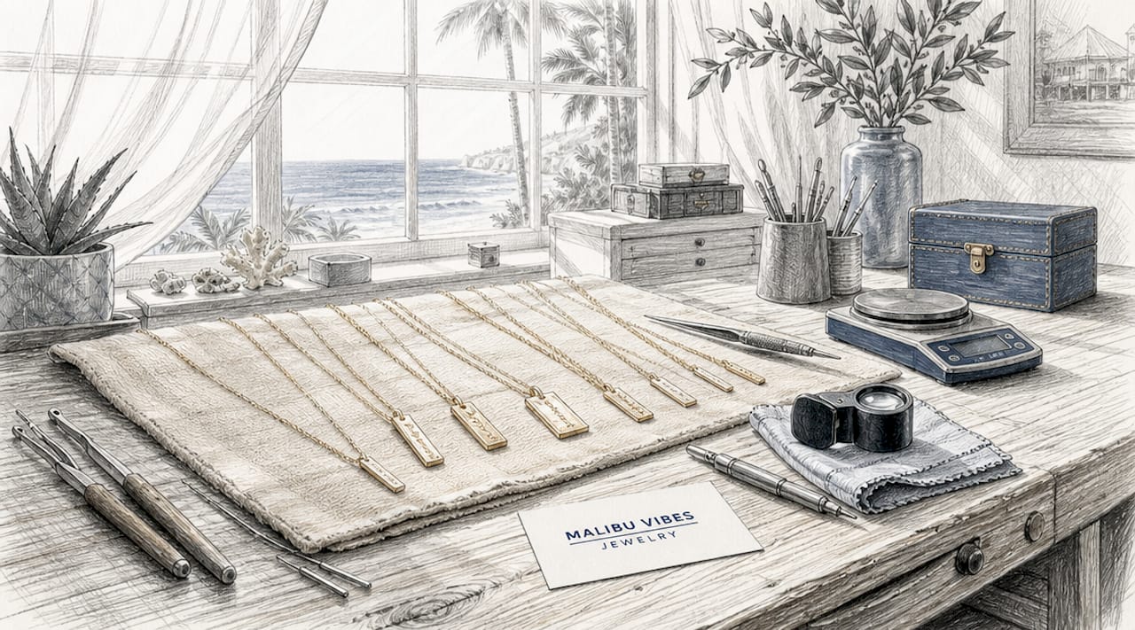 Gold bullion necklaces displayed on jeweler's workbench
