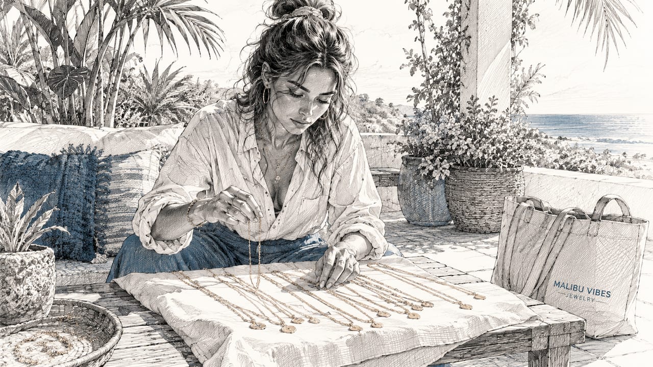 Woman selecting gold necklaces at vanity