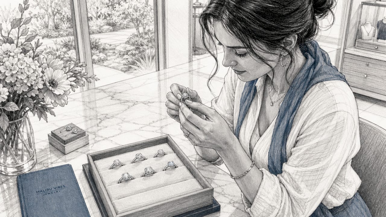 Woman examining engagement rings in boutique