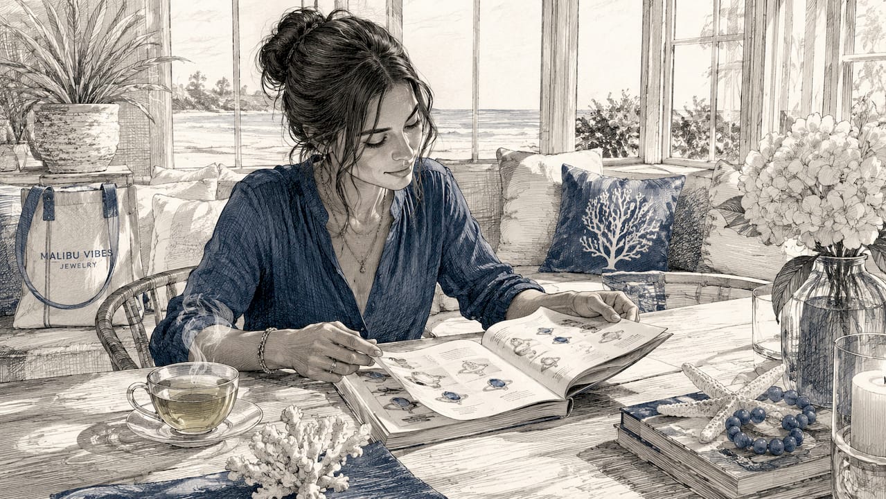 Young woman researching ring stones at kitchen table
