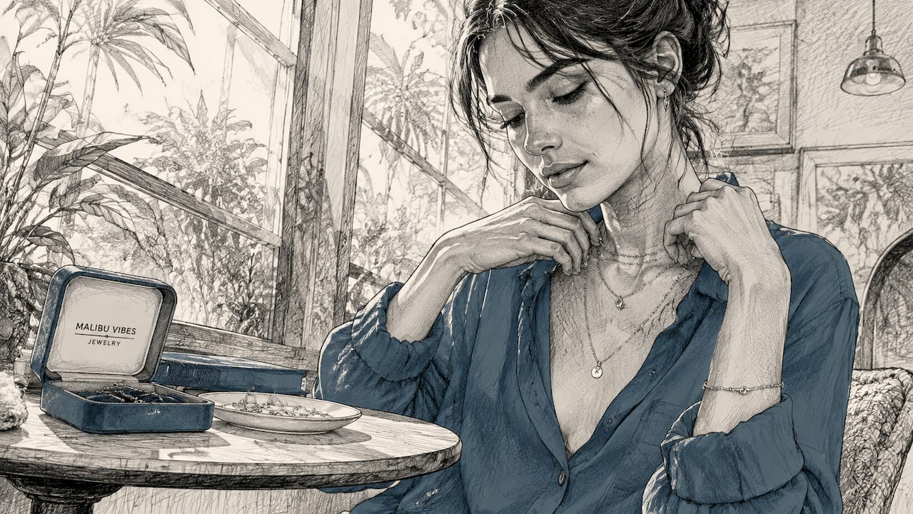 Woman layering minimalist gold necklaces