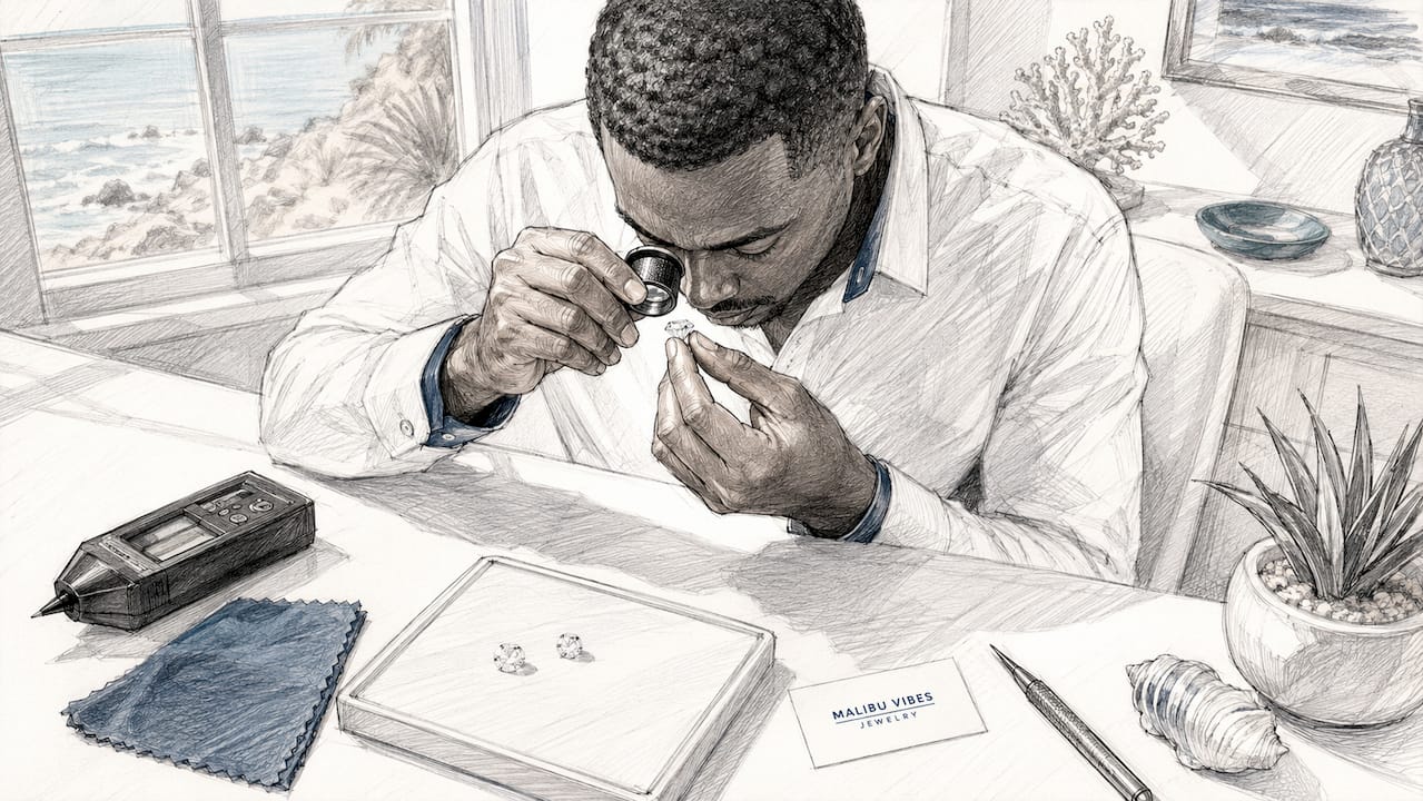 Jeweler examining diamond with loupe at workbench