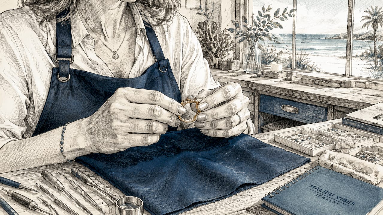 Jeweler inspecting vintage wedding ring on workbench