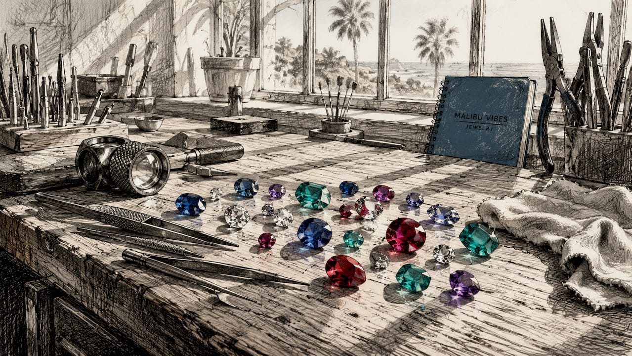 Close-up of colorful loose gemstones on jeweler's bench