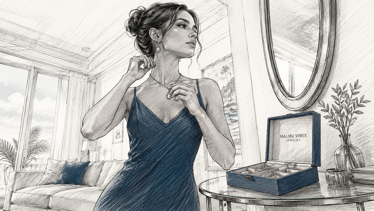 Woman trying on gold jewelry at dressing table