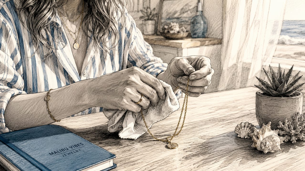 Hands cleaning gold jewelry with brush and water