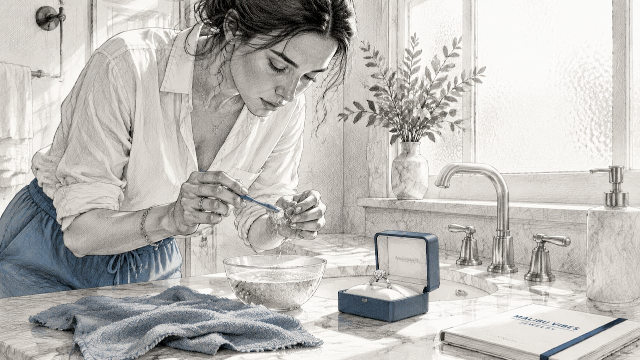 Woman cleaning diamond ring at home table