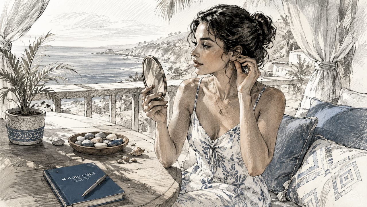 Woman adjusting gold hoop earring at vanity