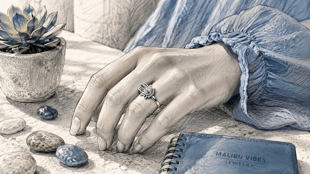 Close-up of hand with sterling silver hamsa hand ring