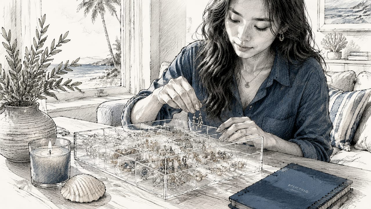 Young woman placing earrings in jewelry box