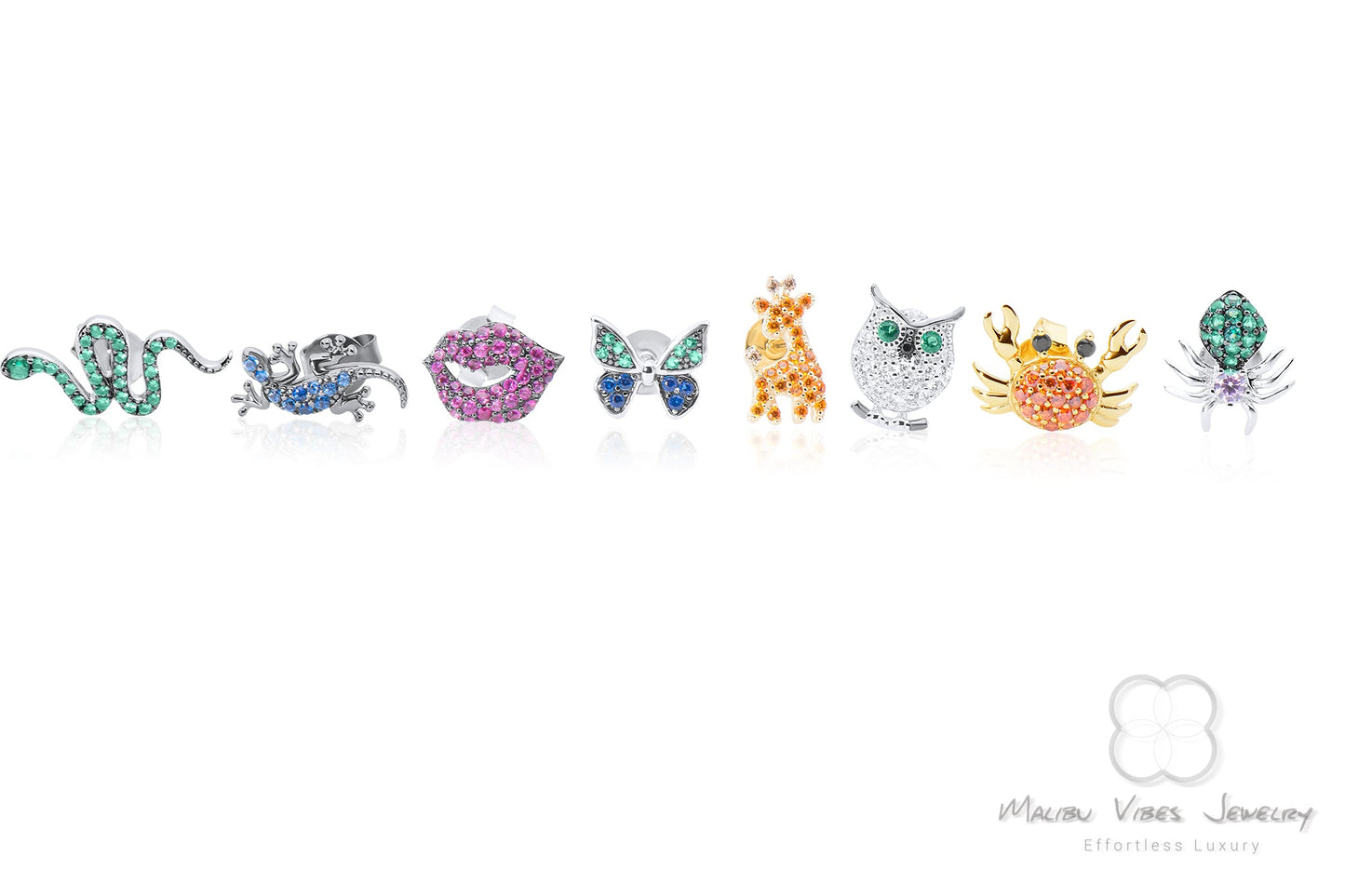 Sterling silver earrings in snake, gecko, lips, butterfly, giraffe, owl, spider designs