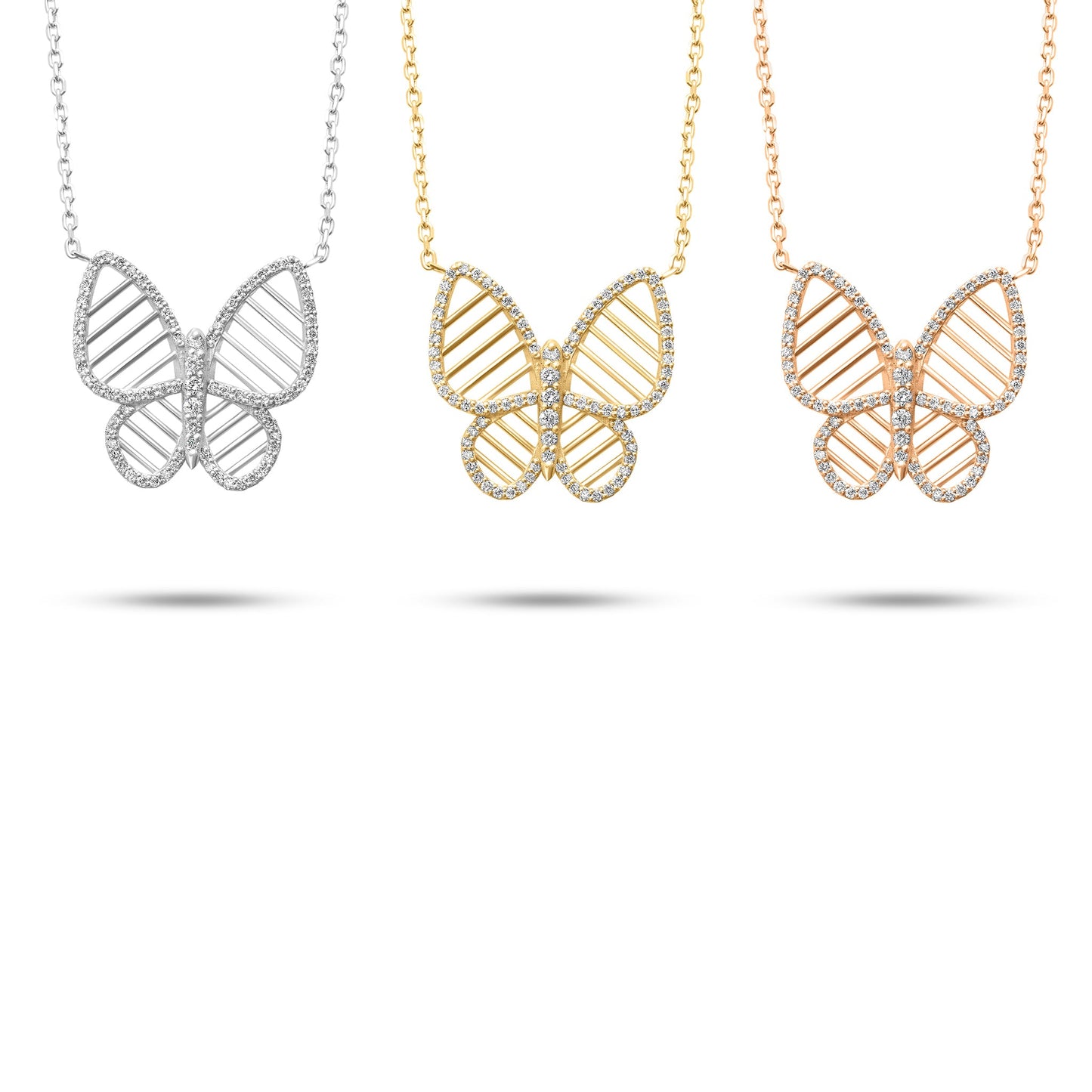 Diamond Butterfly Necklaces in White, Rose, White Gold