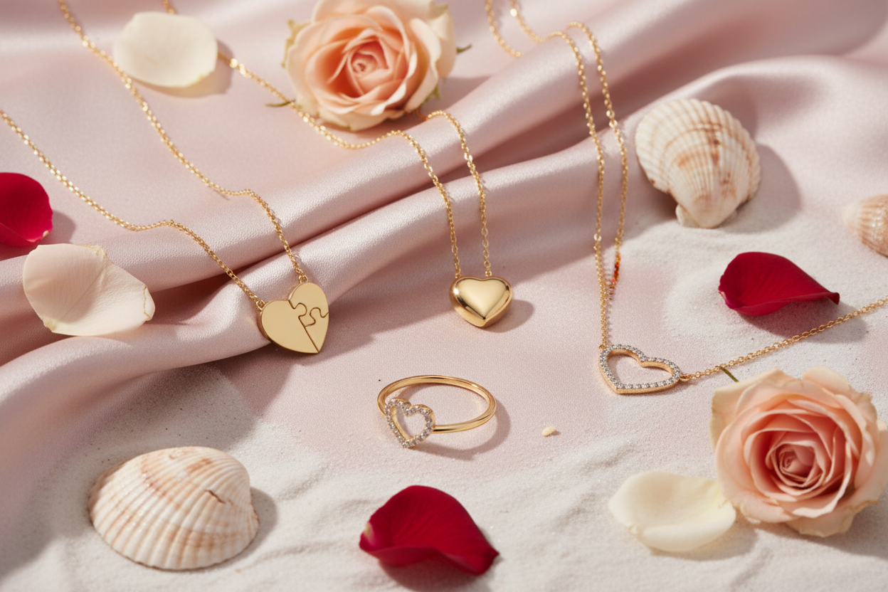 Layout collection of 14k yellow gold heart shapes necklaces and diamond heart shape ring