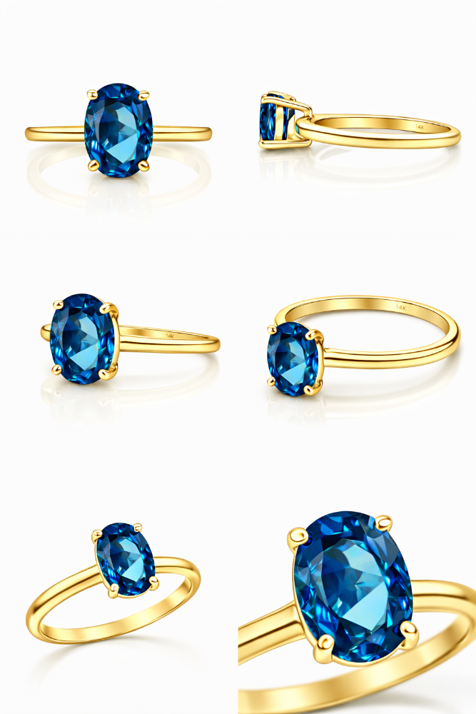 Gold rings with blue gemstones on a white background