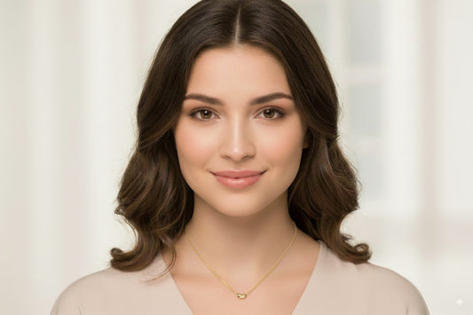bean shaped necklace on model