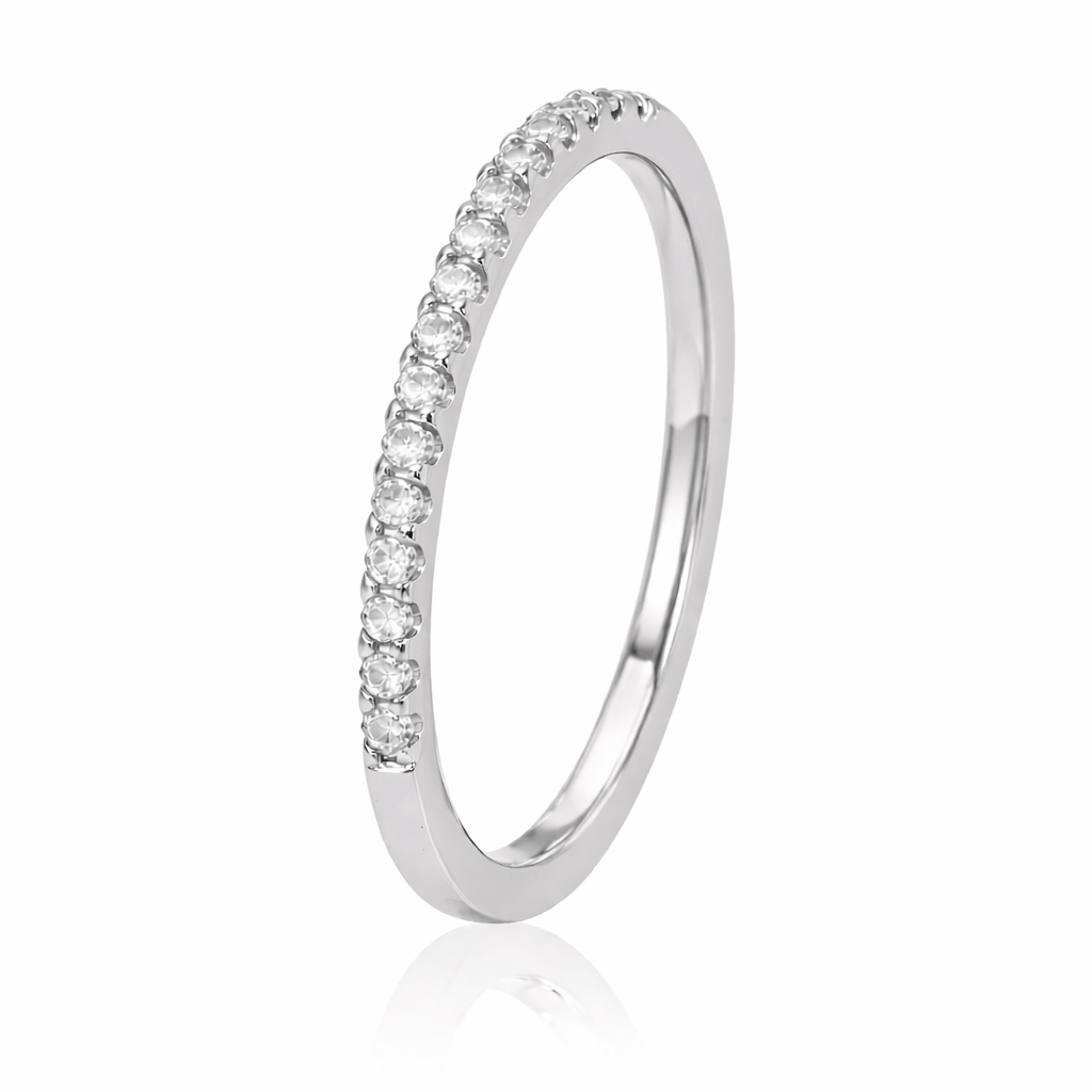 Silver ring with small diamonds on a white background