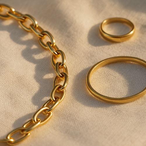 gold color link chain and gold bands