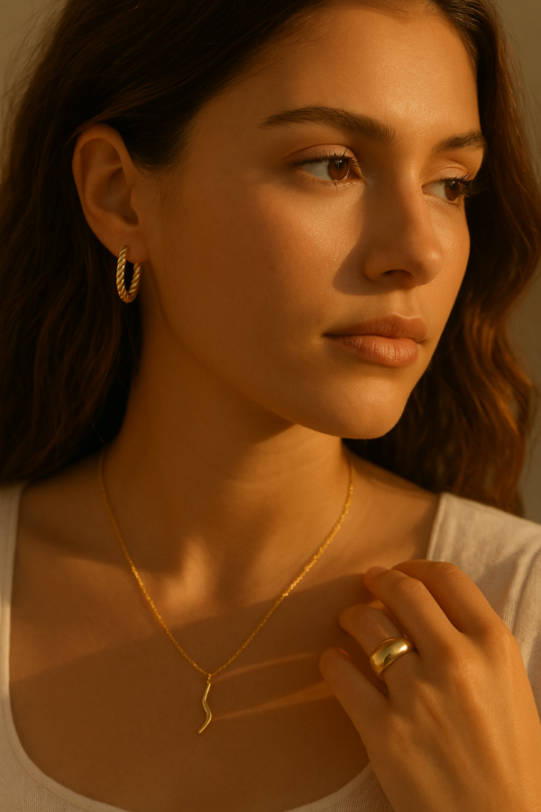Woman wearing gold jewelry including a necklace, hoop earrings, and ring against a warm-toned background.