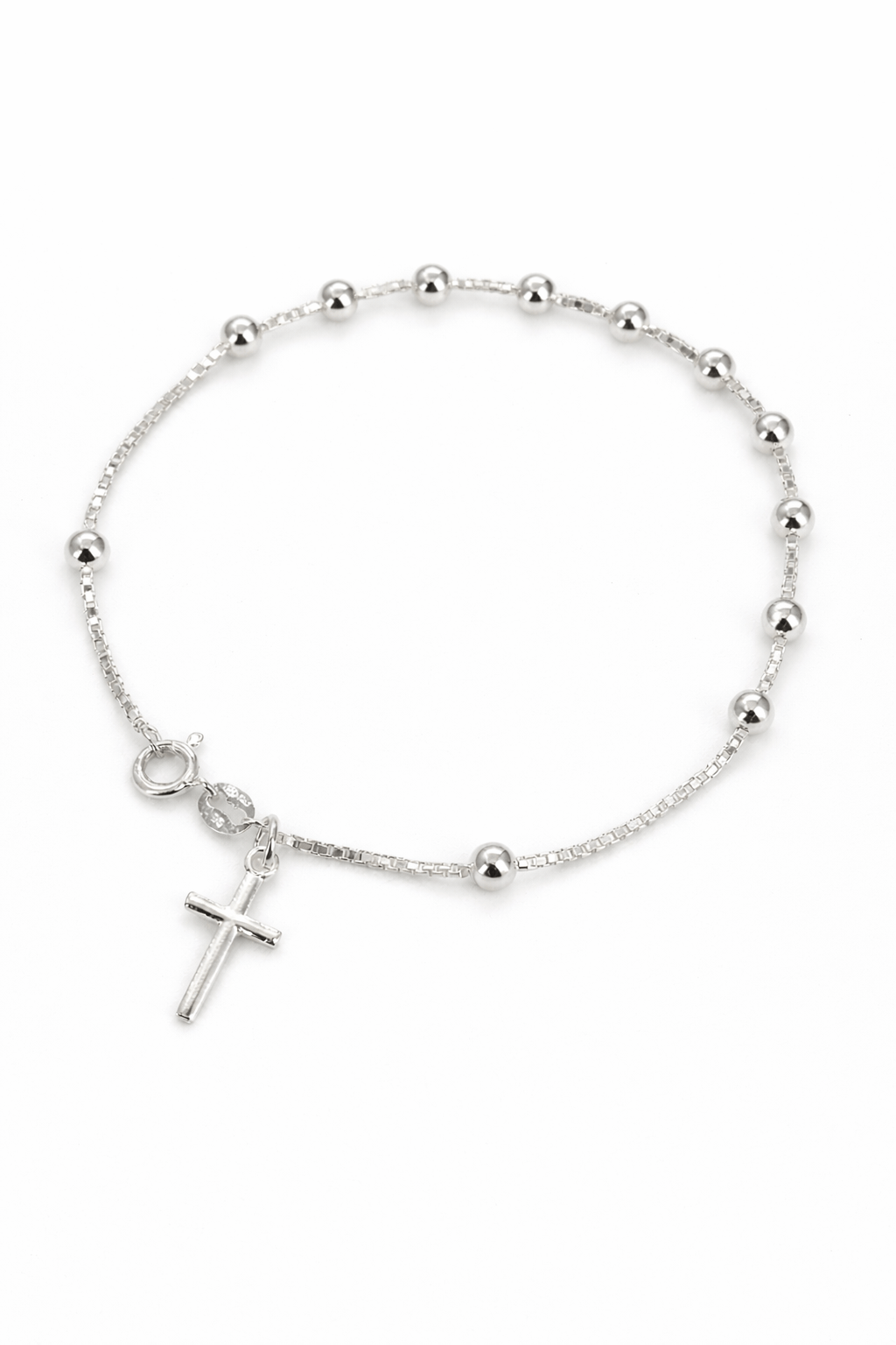 Silver beaded bracelet with a cross charm on a white background