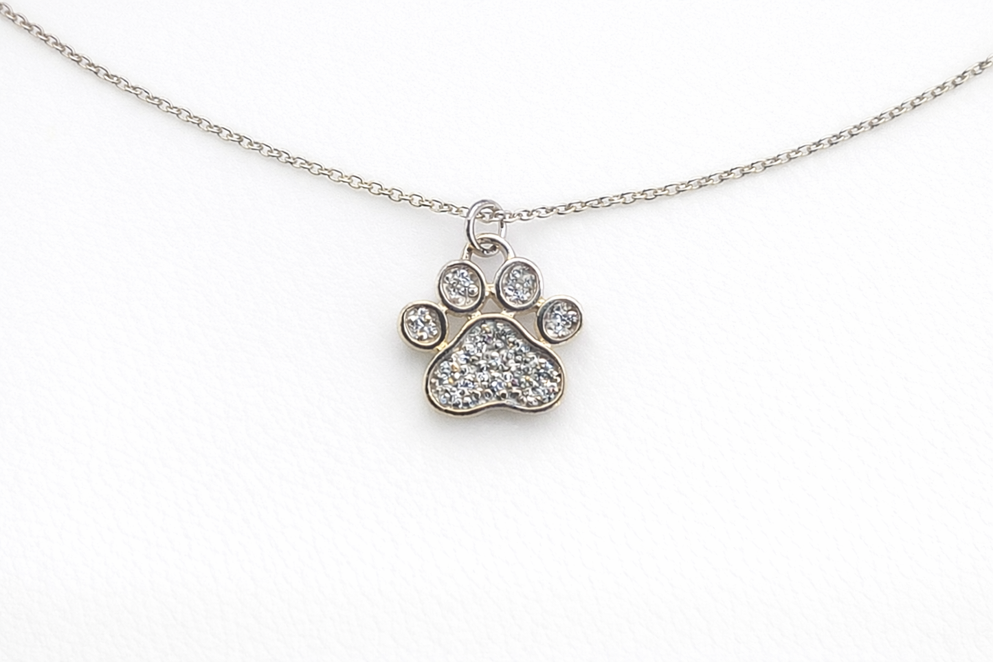 Silver necklace with a paw-shaped pendant on a white background