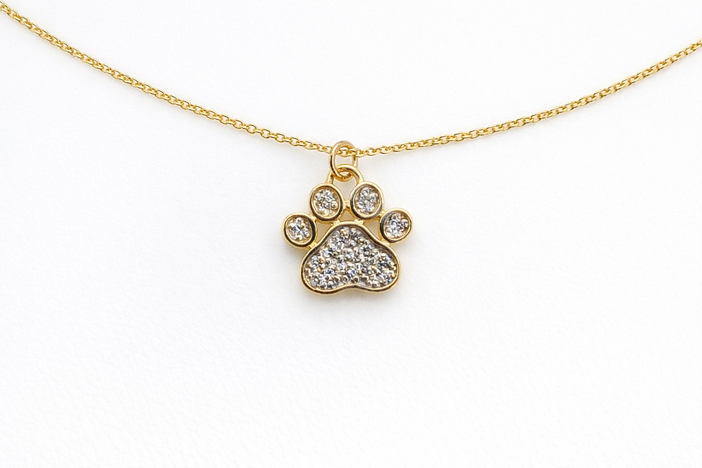 Gold necklace with a paw-shaped pendant on a white background
