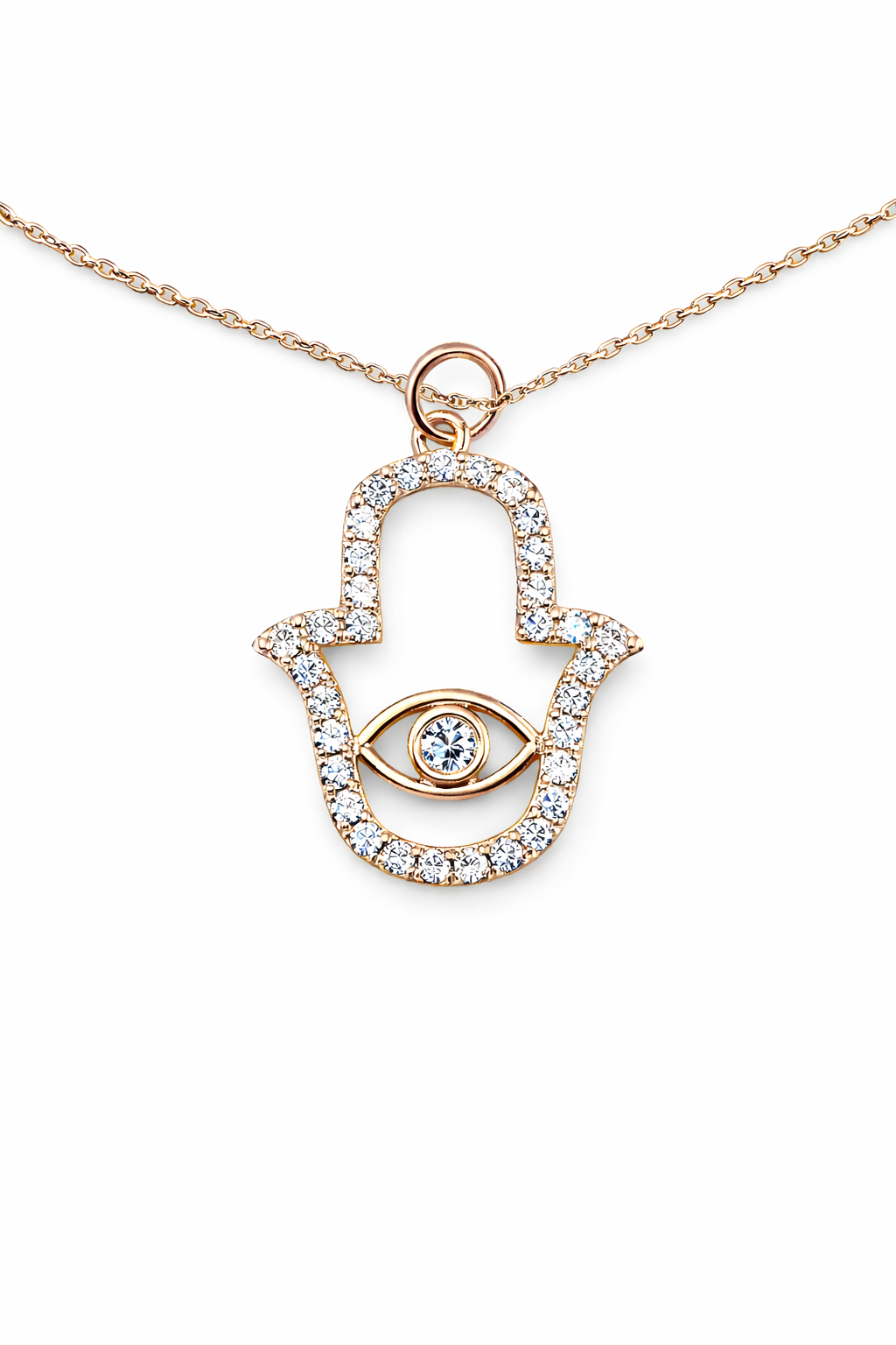 Rose gold necklace with a heart-shaped pendant featuring an eye design on a white background