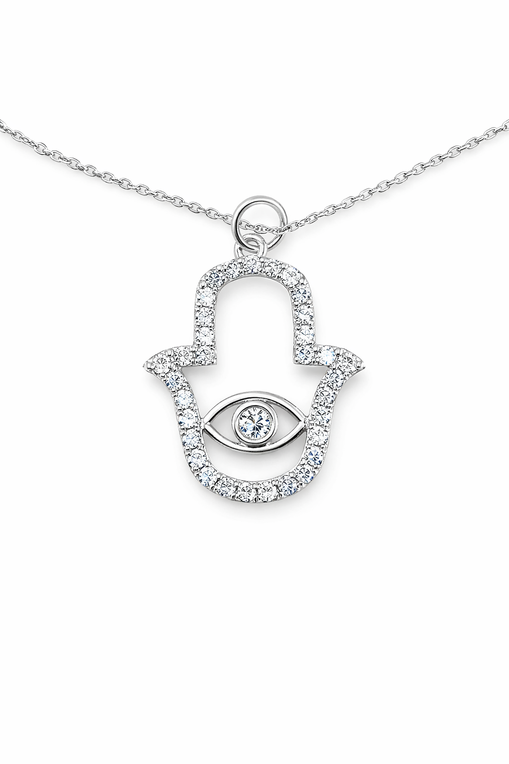 Silver necklace with a hamsa hand pendant on a white background
