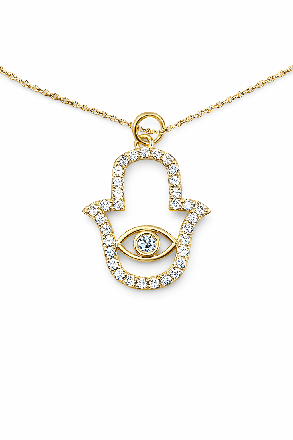 Gold necklace with a heart-shaped pendant featuring an eye design on a white background