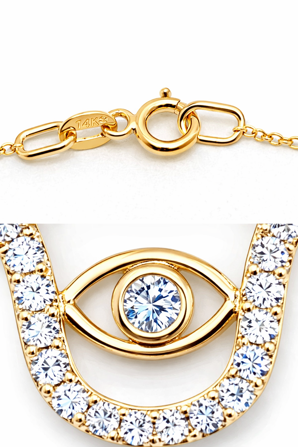 Gold necklace with a central gemstone and crystal accents on a white background