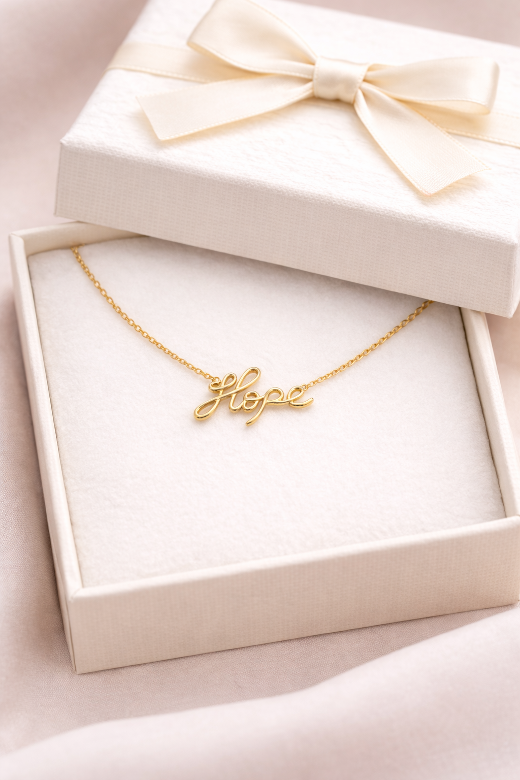 Gold 'Hope' necklace in a gift box with a bow