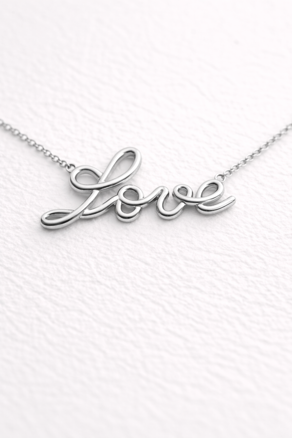 Silver 'love' necklace on a white background