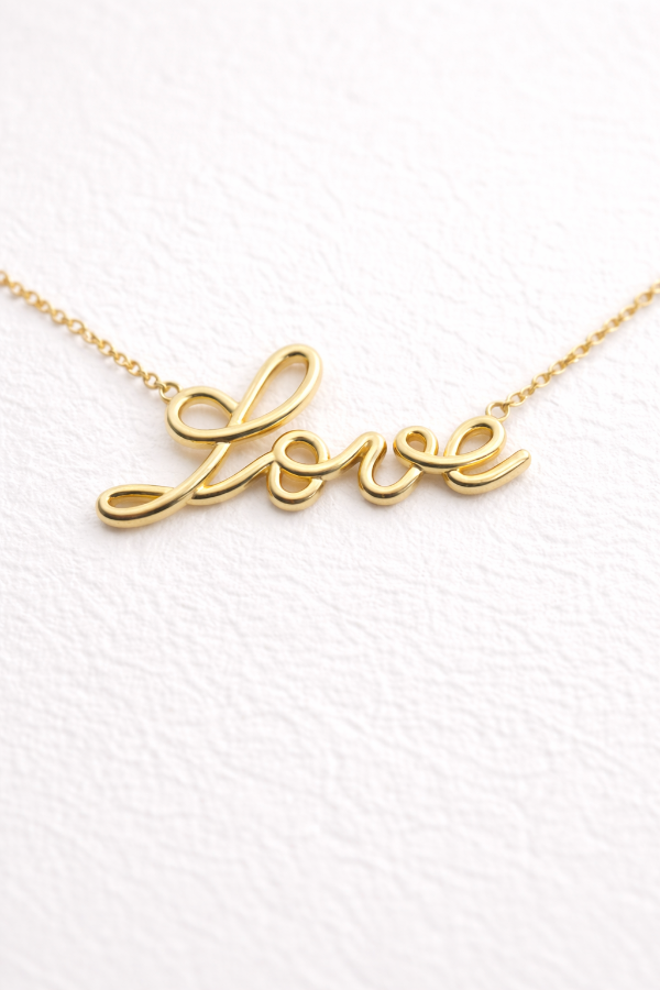 Gold 'love' necklace on a white background