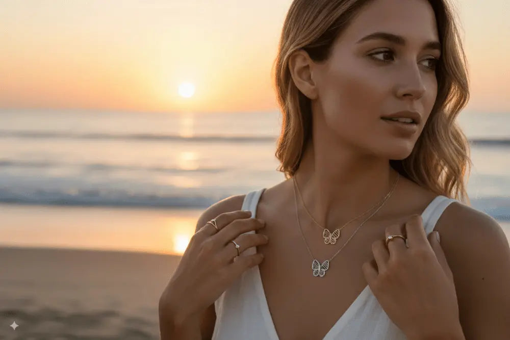 Woman on a beach at sunset wearing butterfly-themed jewelry