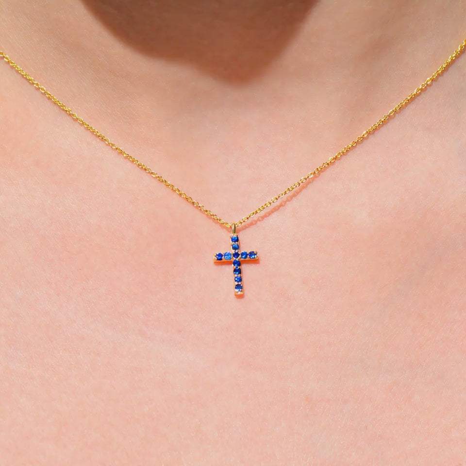 14K Gold Blue Sapphire Cross Necklace Video