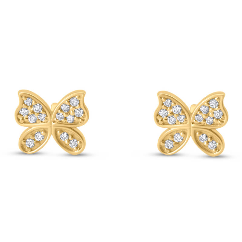 Gold butterfly earrings with diamond accents on a white background