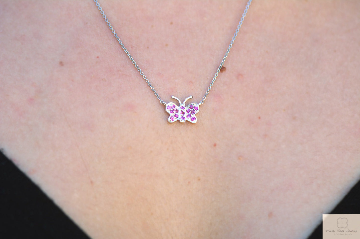 14k Gold Dainty Butterfly Pink Sapphire Necklace